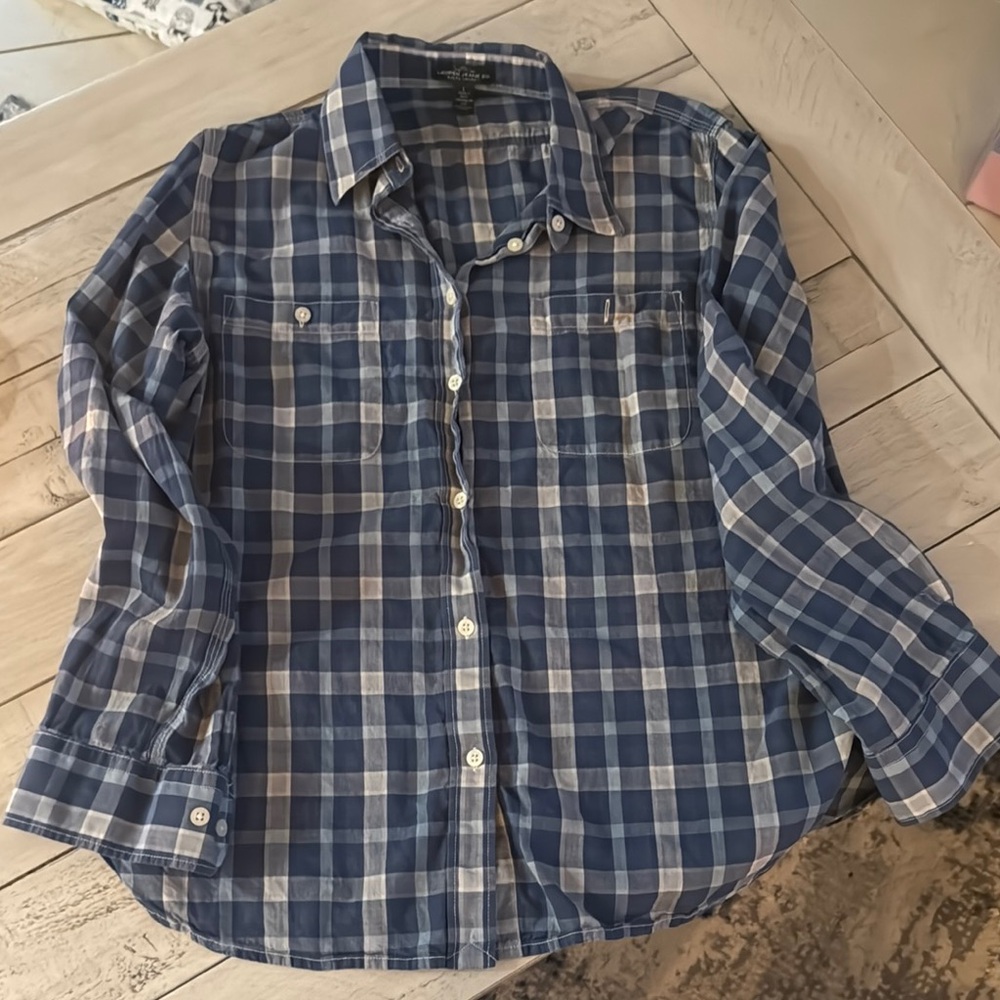 Blue and White Plaid Blouse with Classic Collar